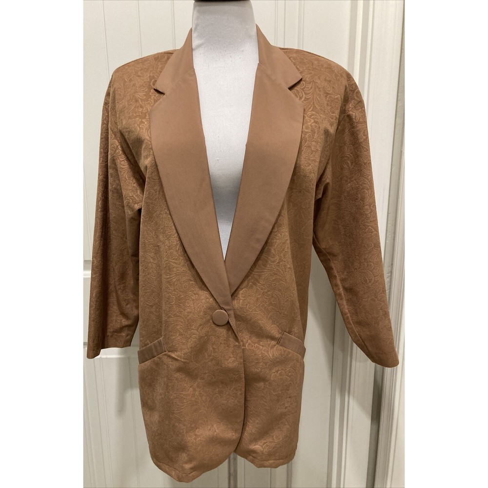 Vintage My Kinda Gal Brown Flocked 1 Button Jacket/Blazer SZ M Shoulder Pads